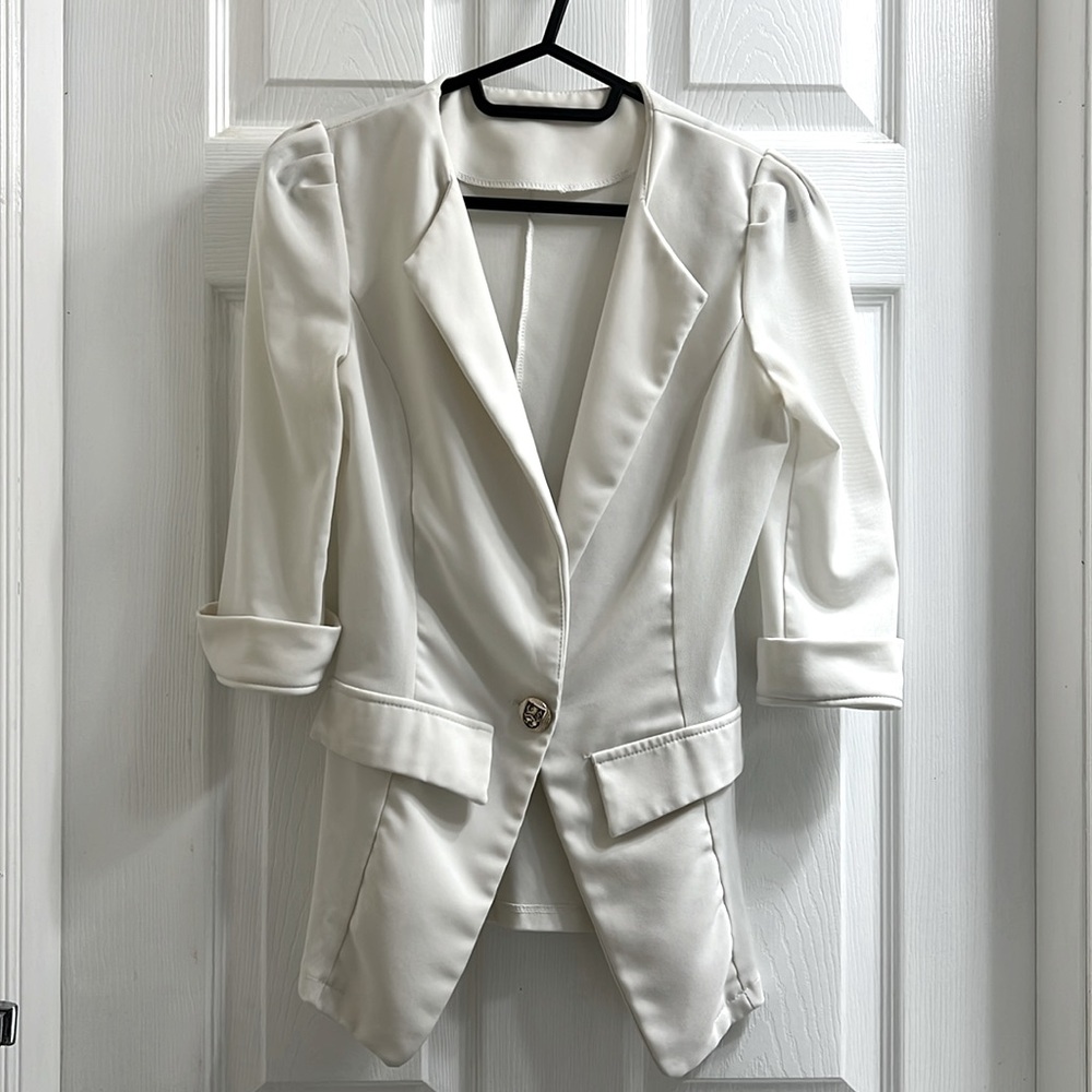 White Mesh Quarter Sleeve Fitted Blazer Gold Button Parisian Business Casual